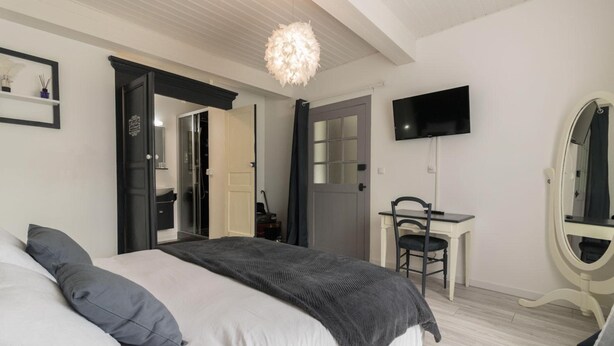 A bedroom with a bed, a desk, a television, and a mirror. - Cottage 'Gîte De Pène Blanque' with Mountain View, Private Terrace and Wi-Fi (Arbas)