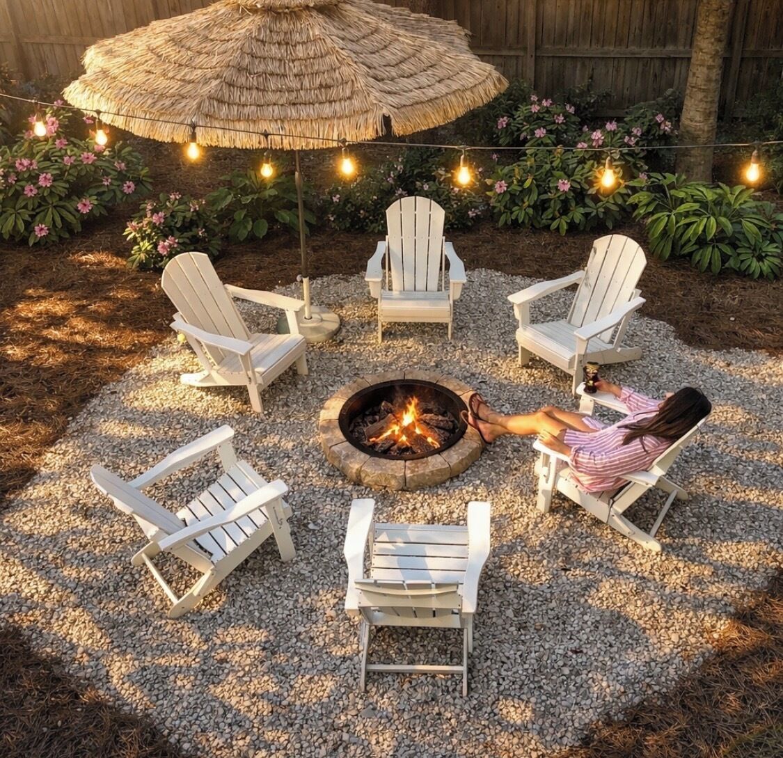 A circular seating arrangement around a fire pit with four Adirondack chairs, a thatched umbrella, and string lights.