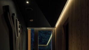 A modern hallway with a wooden wall and a glass door leading to a forested area. - Tsuga Beach Inn - Waterfront Retreat - NEW - Mahonia Room (Sechelt)