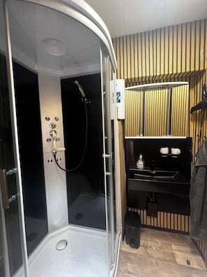 Hair dryer, towels, soap, toilet paper