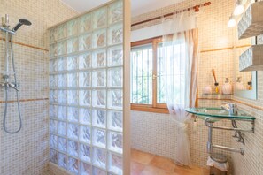 Shower, hair dryer, towels