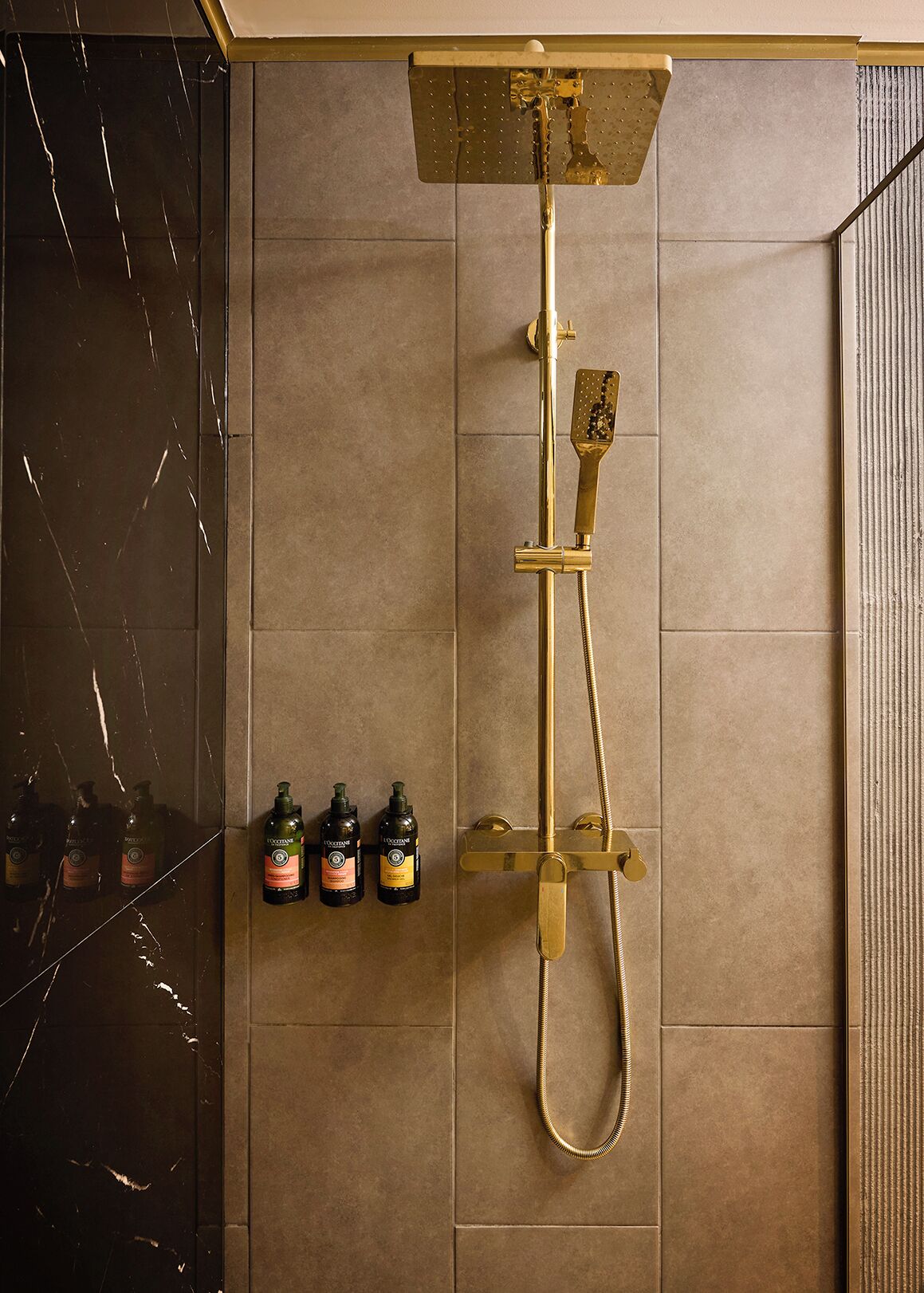 Une douche équipée d’un pommeau de douche à main et d’un pommeau de douche fixe, le tout fixé sur un mur dont la surface est recouverte de carreaux.