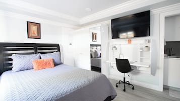 1 bedroom, desk, iron/ironing board, travel cot