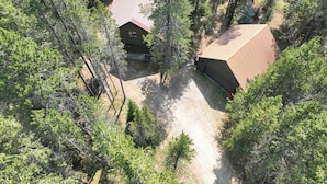A cabin surrounded by dense forest, with a dirt driveway leading to the entrance. - Family Retreat 29 Miles to Yellowstone in a Quiet Wooded Area, with a Kids Nook (Island Park)