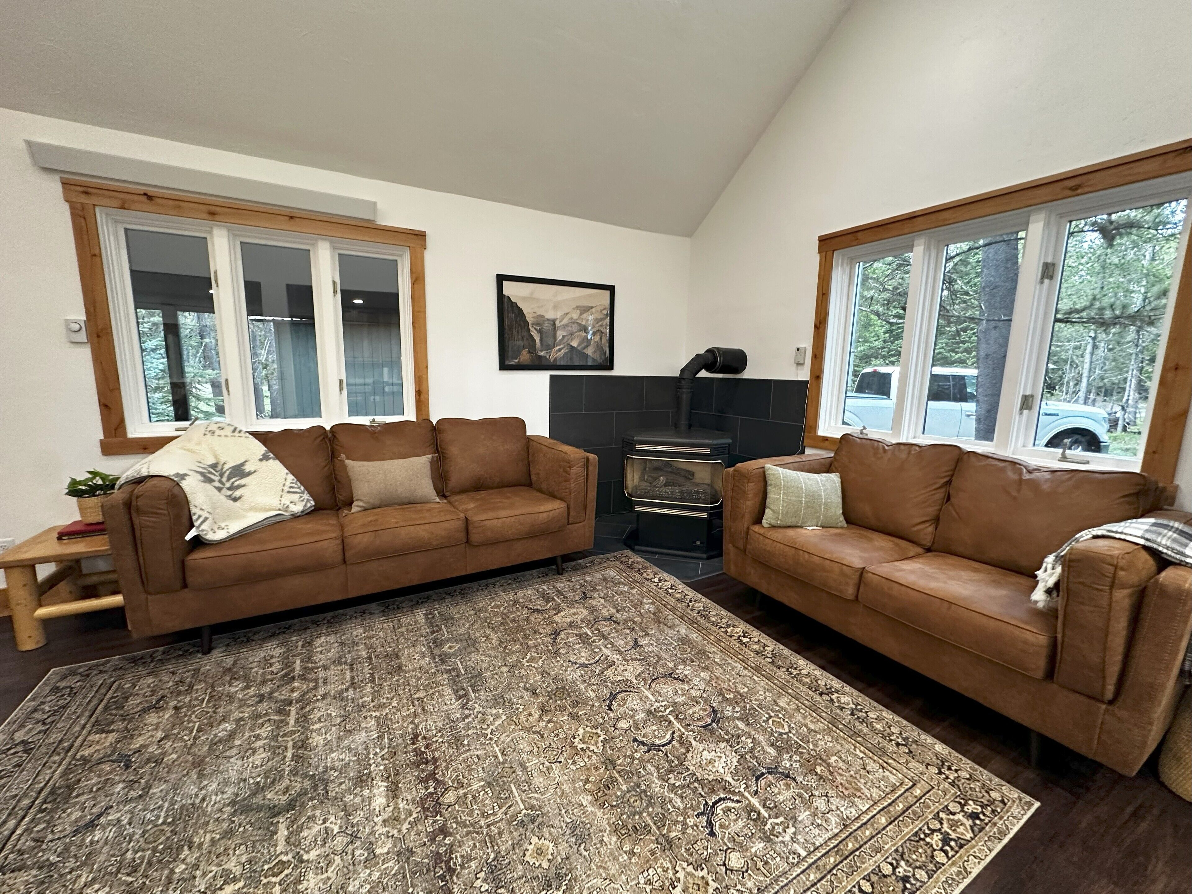 Smart TV, fireplace, table football, books