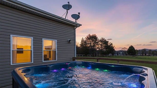 Een bubbelbad met kleurrijke verlichting, een huis met twee schotels en een ondergaande zon op de achtergrond.