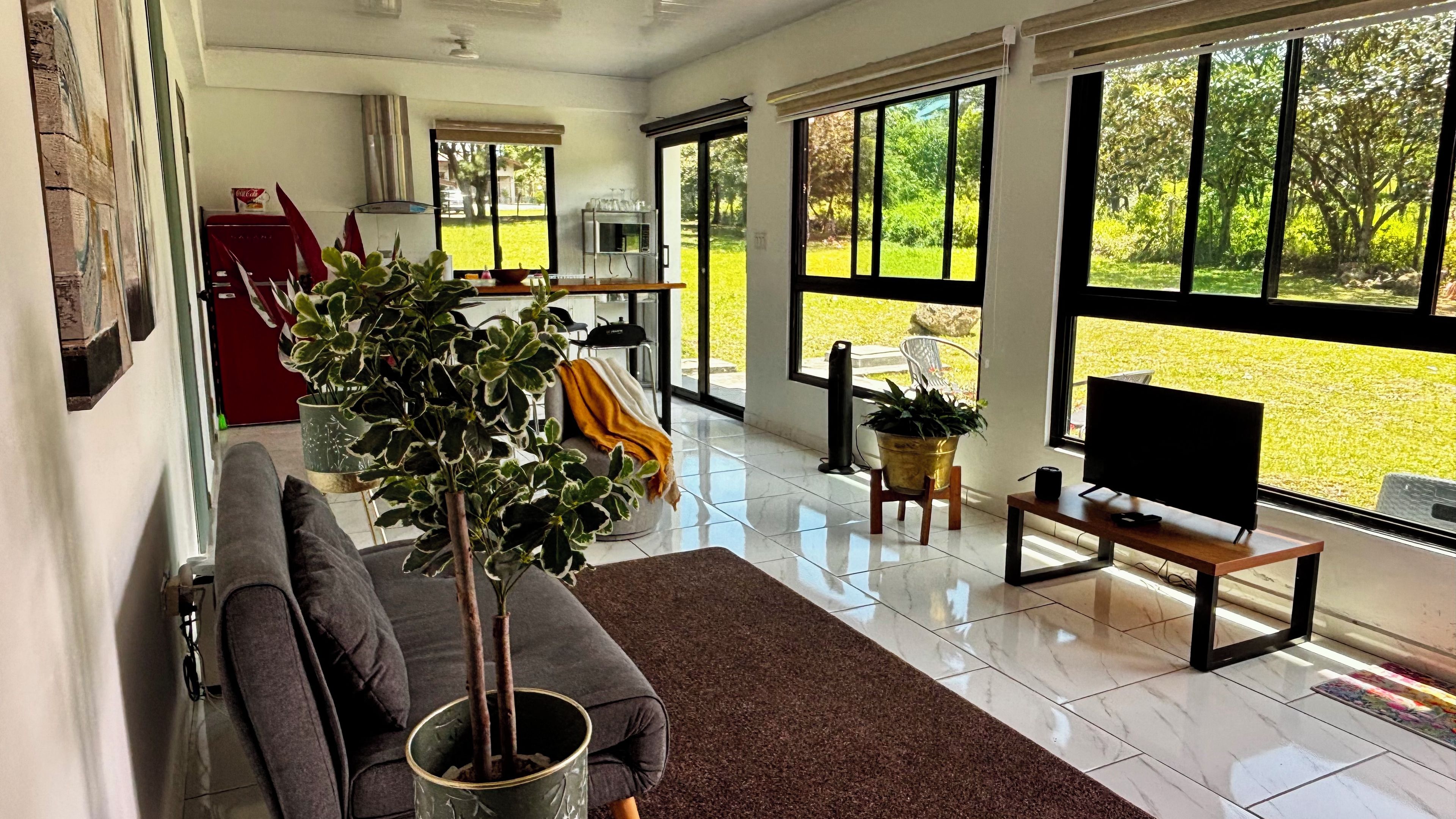 A modern living room with a sofa, a television, and a large window offering a view of a garden.