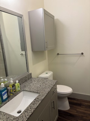 Ducha, secador de pelo, toallas, jabón