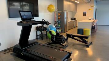 A home gym with a treadmill, stationary bike, and exercise balls.
