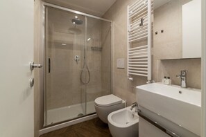 Shower, hair dryer, bidet, towels