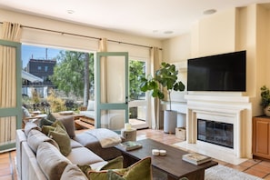 TV, fireplace, books
