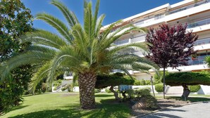 A well-maintained garden with a palm tree, a sign reading "L'Etoile de Mer," and a multi-story building with balconies. - Luxury 1-Br. apartment, sea view, parking. (Vallauris)