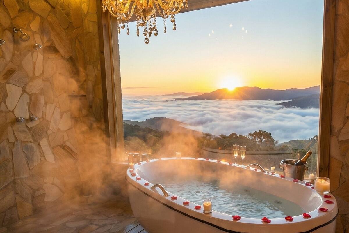 A hot tub with rose petals and candles, a chandelier, and a stone wall.