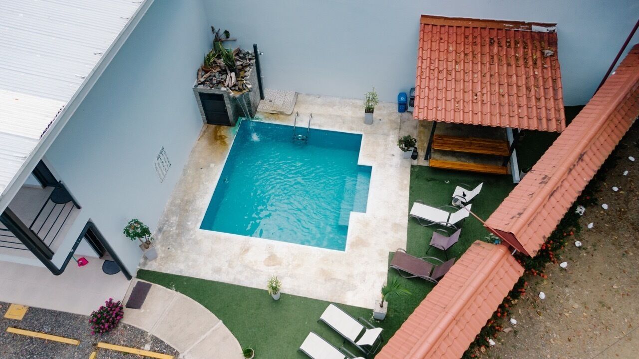 Ein Pool auf dem Dach, mit blauem Wasser, umgeben von einem kleinen Garten und einem roten Ziegeldach.