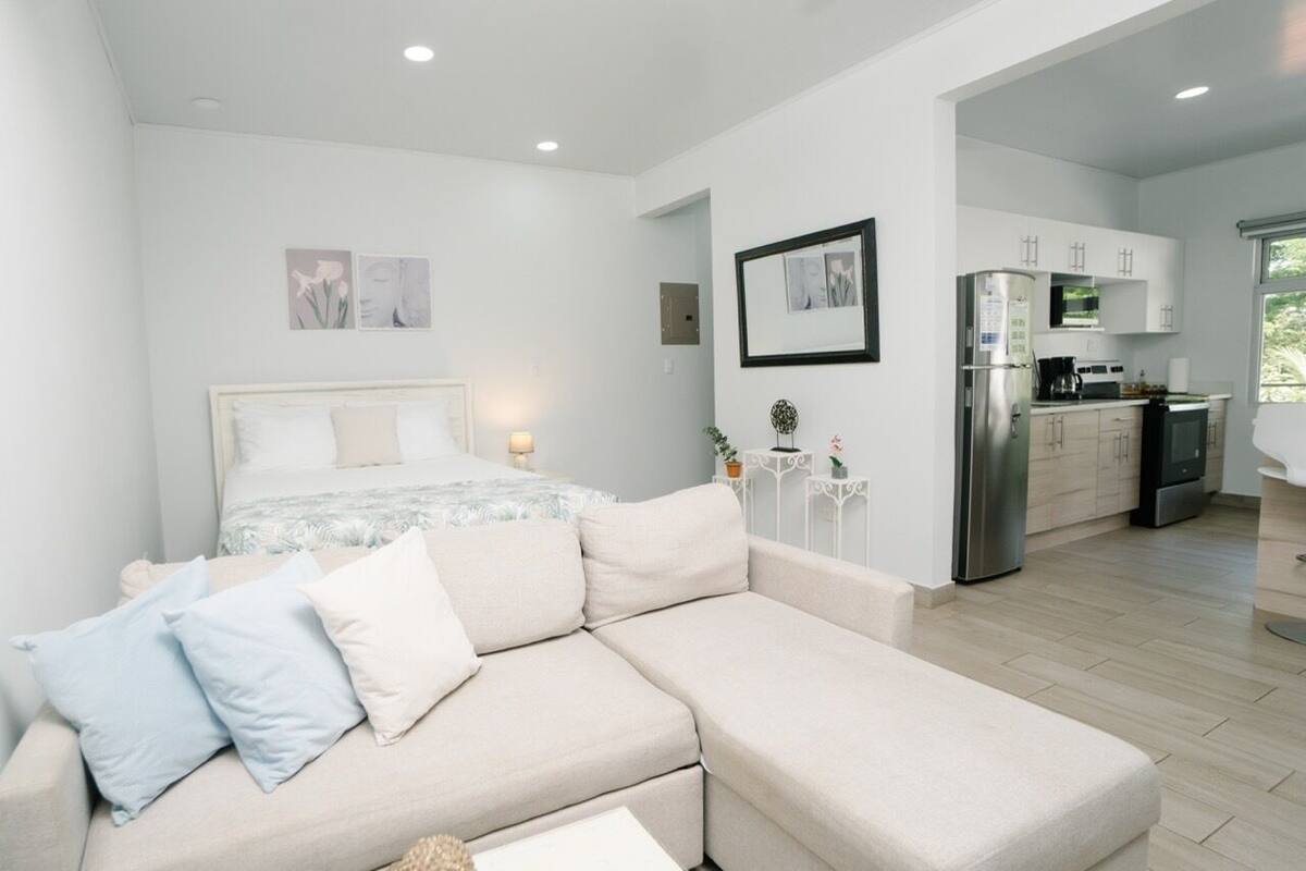 A modern, well-lit bedroom with a large bed, a sofa, and a kitchenette in the background.