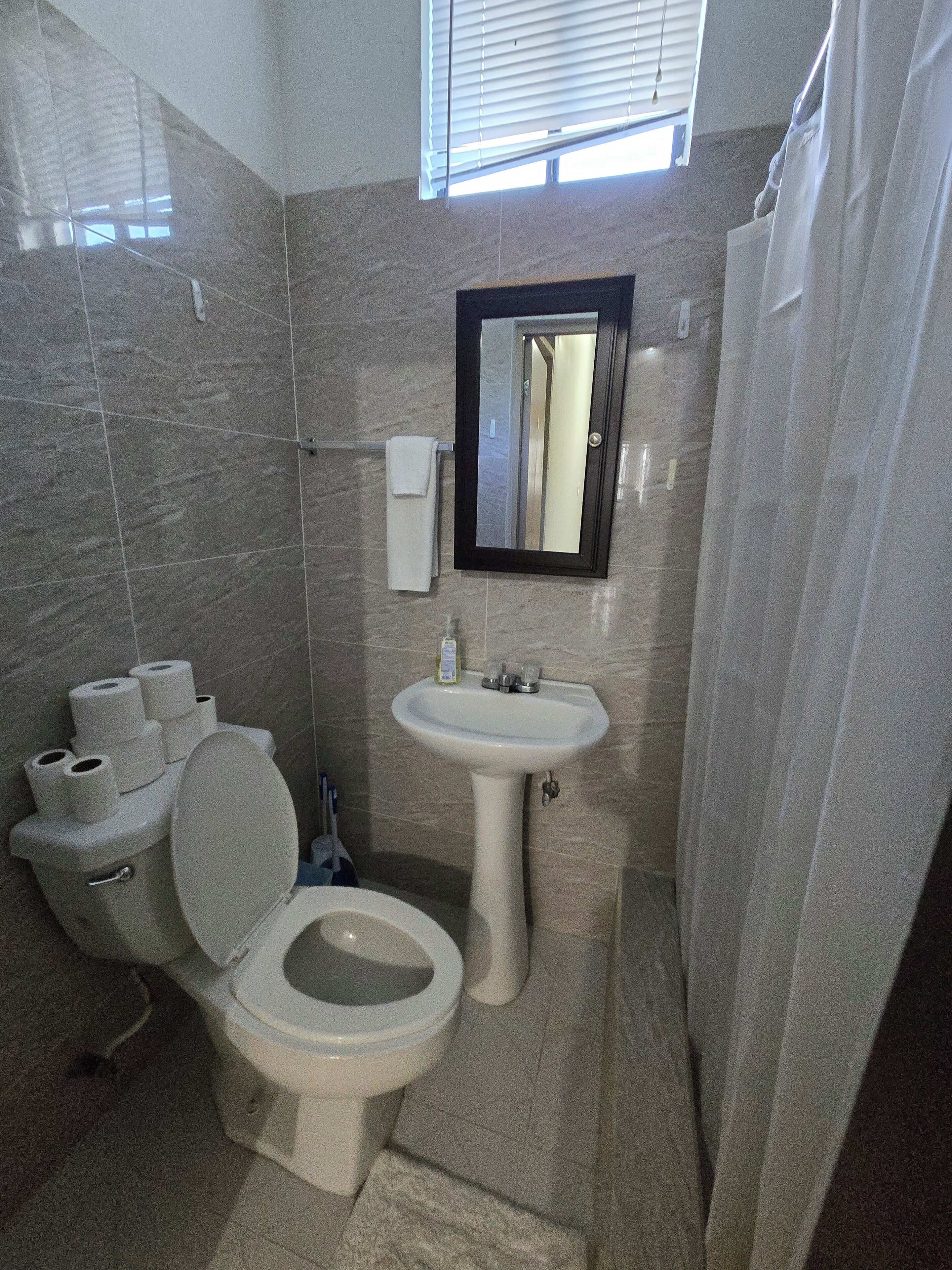 Hair dryer, towels, soap, shampoo