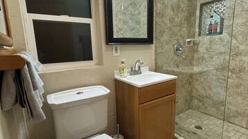 Hair dryer, towels, soap, shampoo