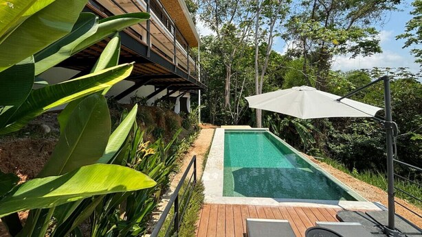 A modern house with a wooden deck, a swimming pool, and lush greenery.