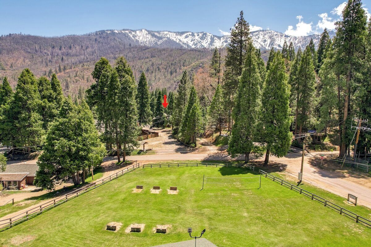 A grassy area with a fenced path, trees, and a mountainous backdrop.