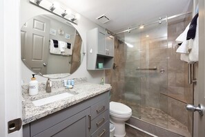 Shower, hair dryer, towels