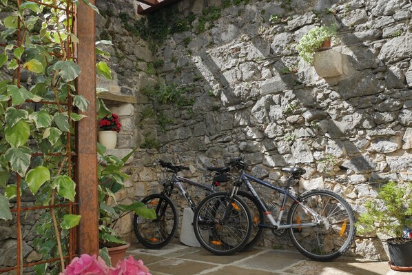 Un muro de piedra con dos bicicletas estacionadas, rodeado de macetas y una enrejada metálica con plantas trepadoras.
