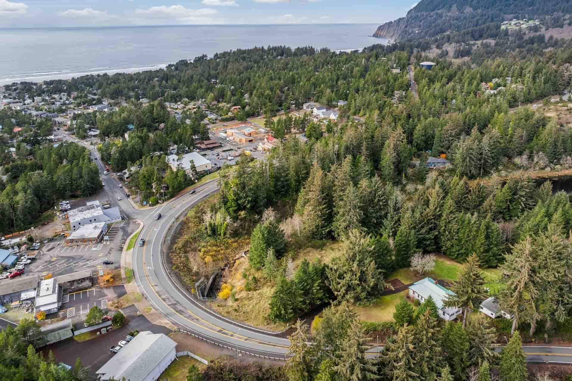 An aerial view of a coastal town with a winding road, dense forest, and residential areas.