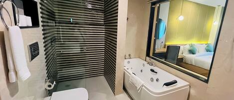 A modern bathroom with a glass-enclosed shower, a large bathtub, and a mirror reflecting a bedroom.