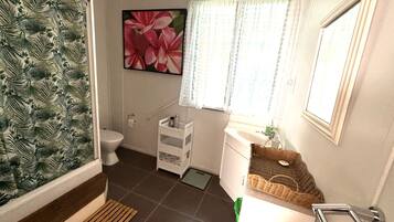 Shower, towels, soap, shampoo