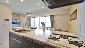 A modern kitchen with a central island, stainless steel appliances, and a large window providing natural light. - Branchera naha akebono premist R65 (Naha)