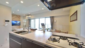 Apartment | Private kitchen | Fridge, microwave, stovetop, electric kettle