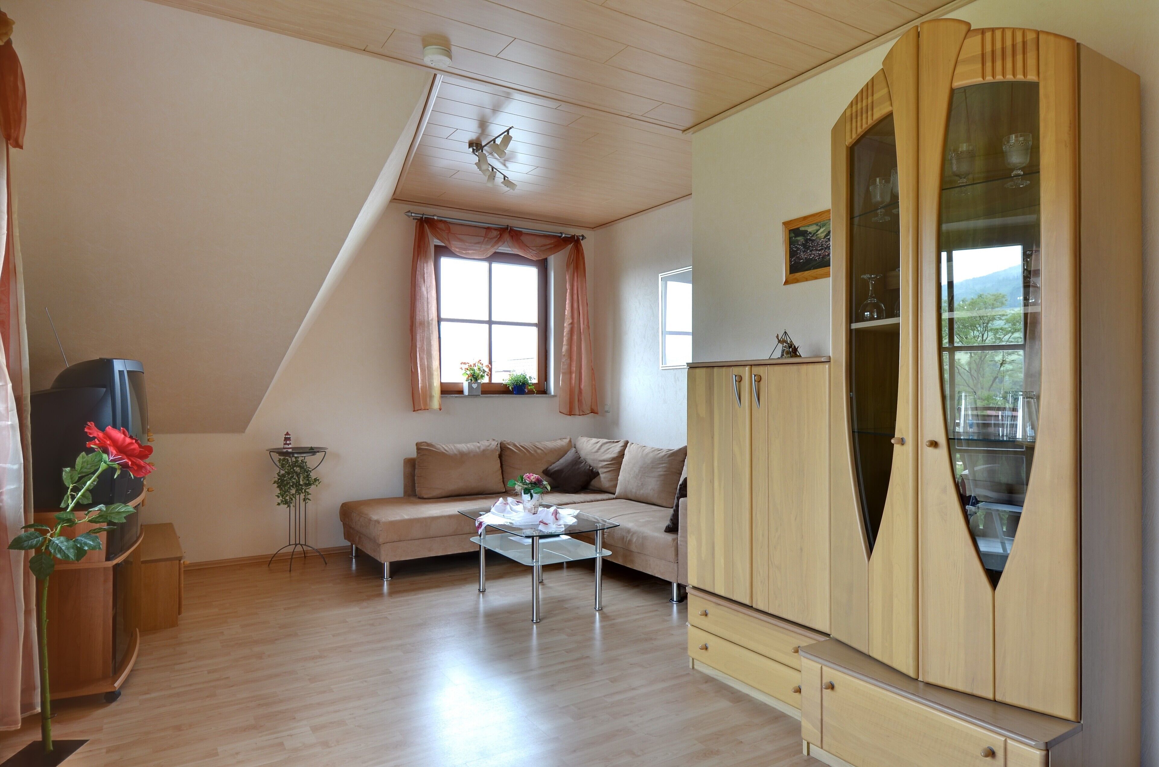 Una habitación con un sofá, una mesita de cristal, un armario de madera y un televisor.