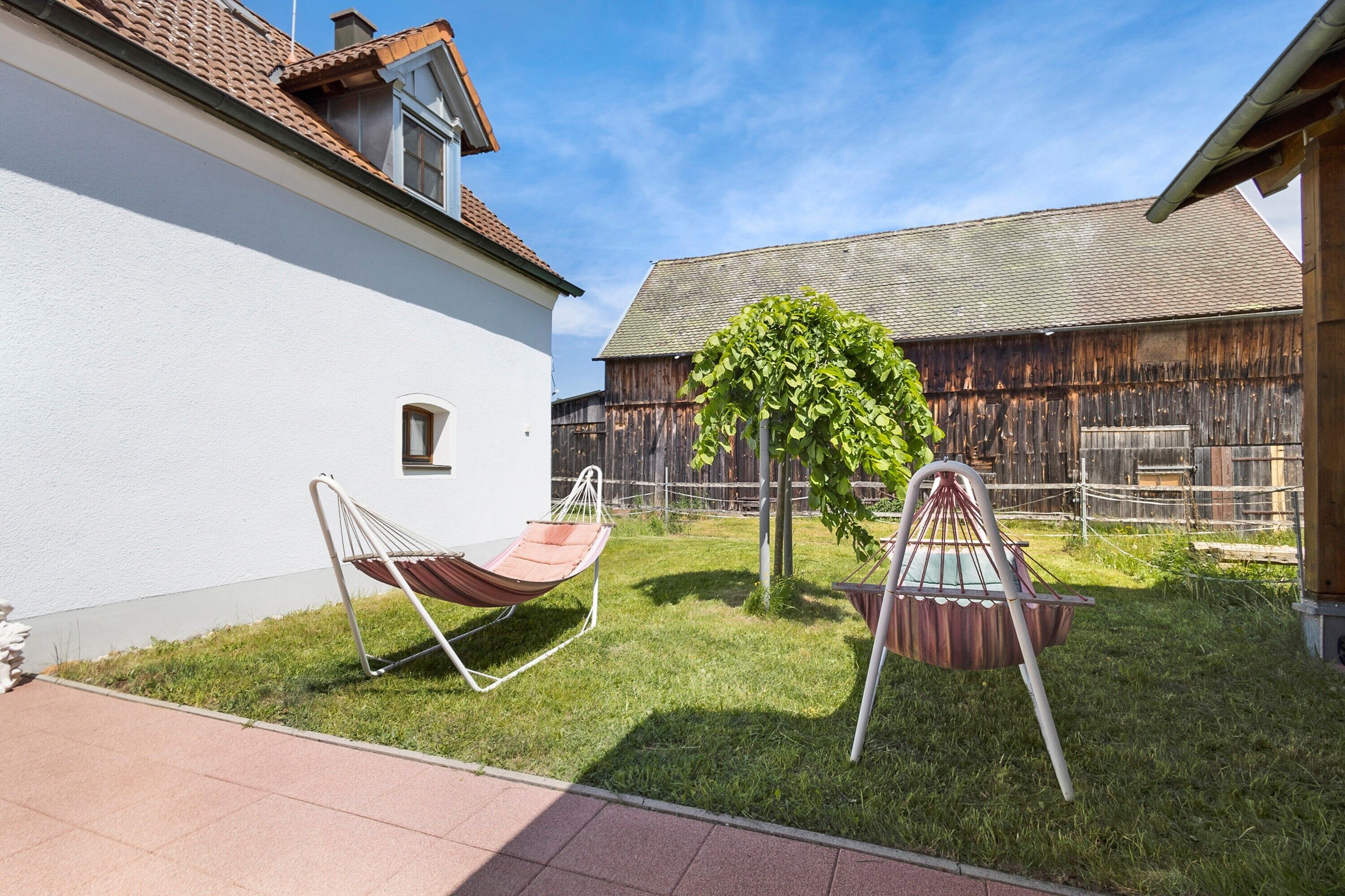 Un jardin avec un hamac, une balançoire et un petit arbre.
