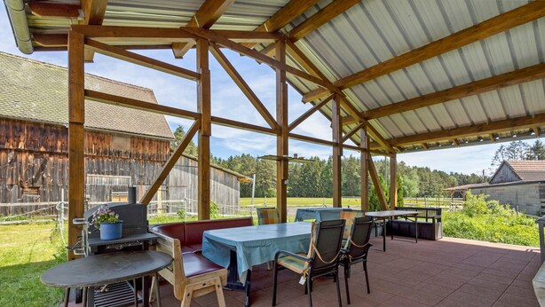 Eine überdachte Terrasse im Freien mit Tischen, Stühlen, einem Grill und Blick auf einen Holunderbarn und Bäume.