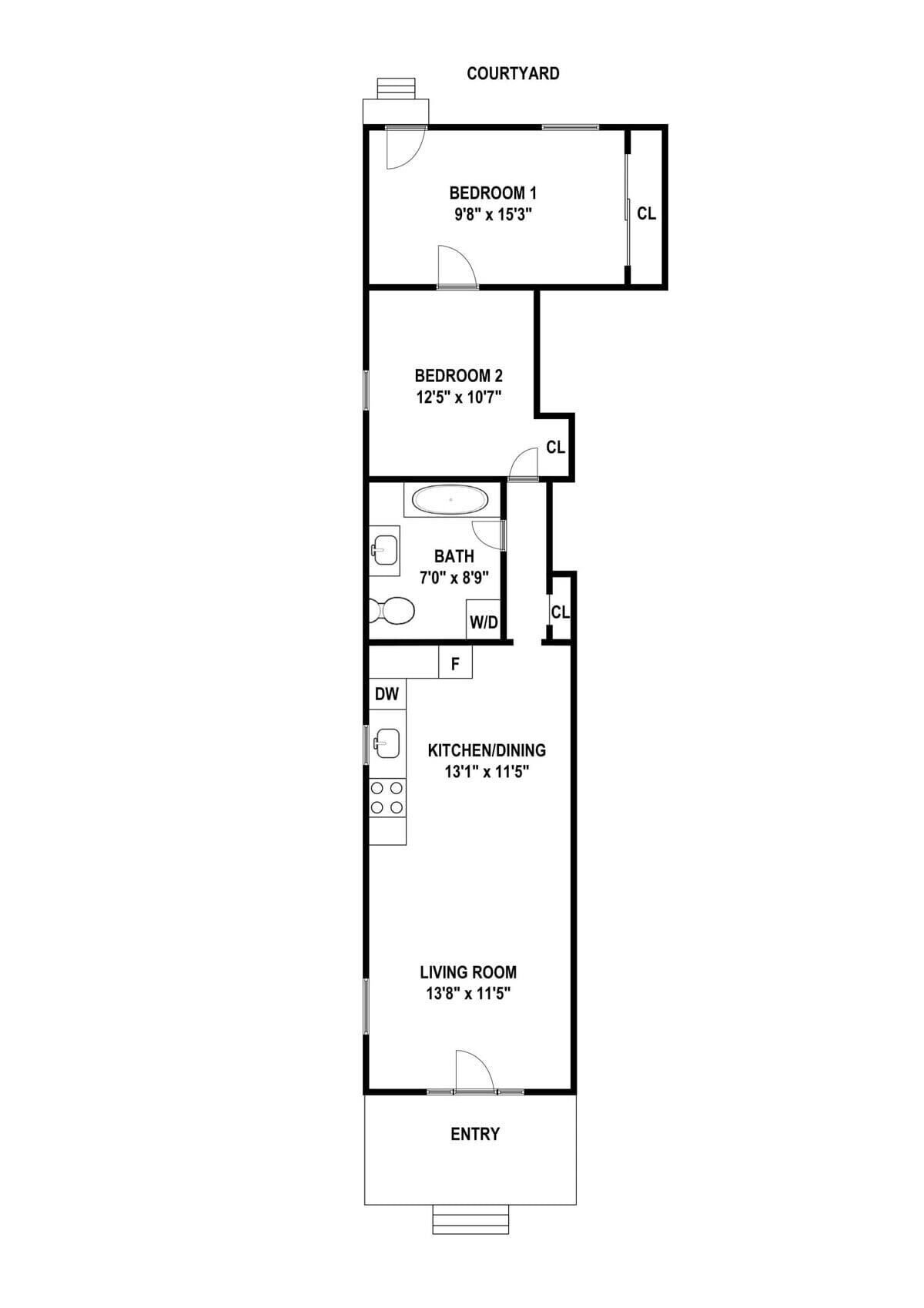 Plano de planta de una habitación de hotel que incluye un patio, dos dormitorios, un baño, cocina-comedor y sala de estar, además de la entrada.