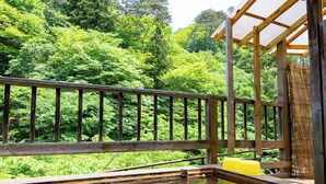 A wooden deck with a wooden railing overlooking a hot spring area surrounded by lush greenery. - Tabist Shiobaraonsen Kashiwaya Ryokan (Nasushiobara)