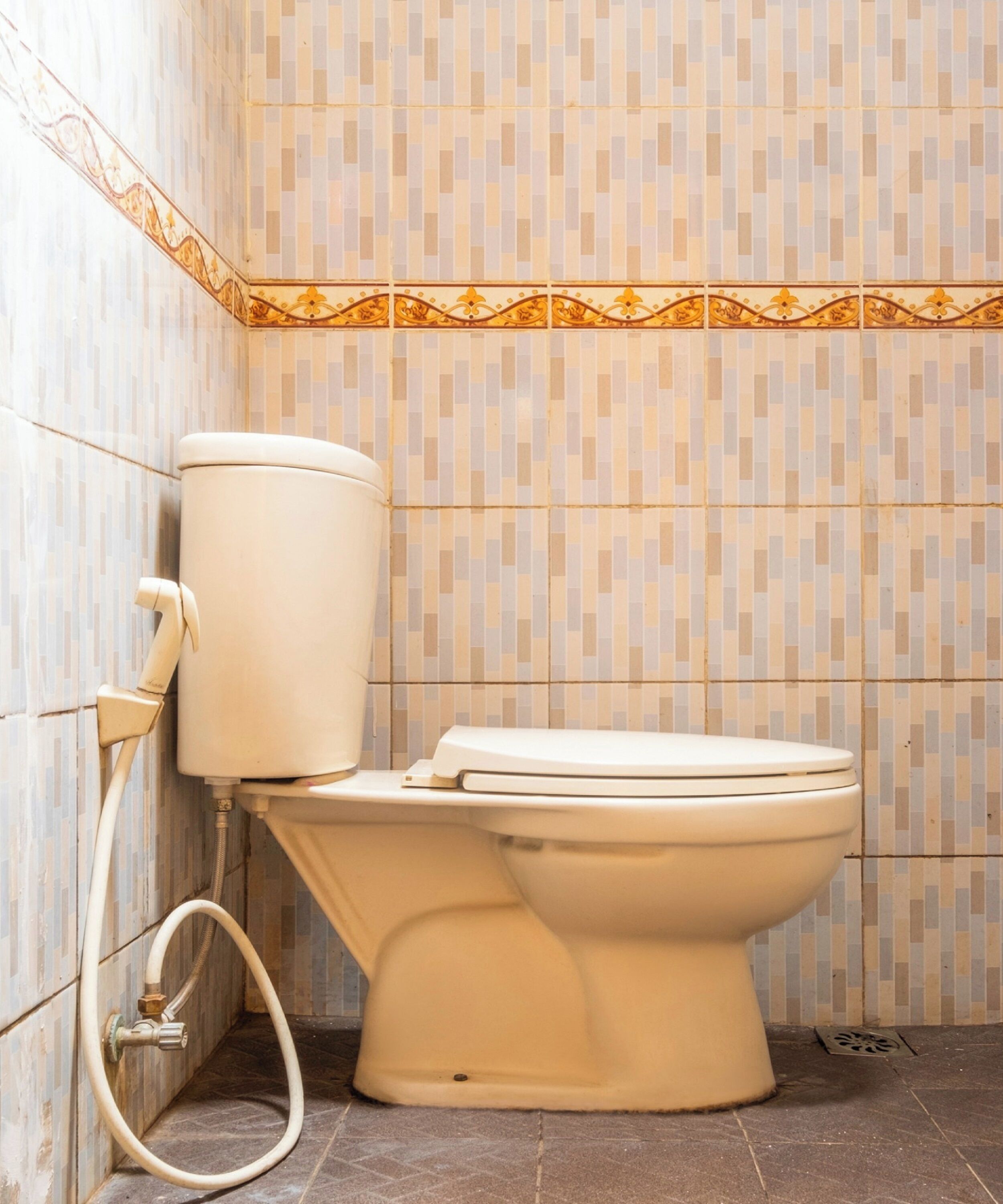 Toilet met tank en een bidetopslag in een badkamer met betegelde muren en vloer.