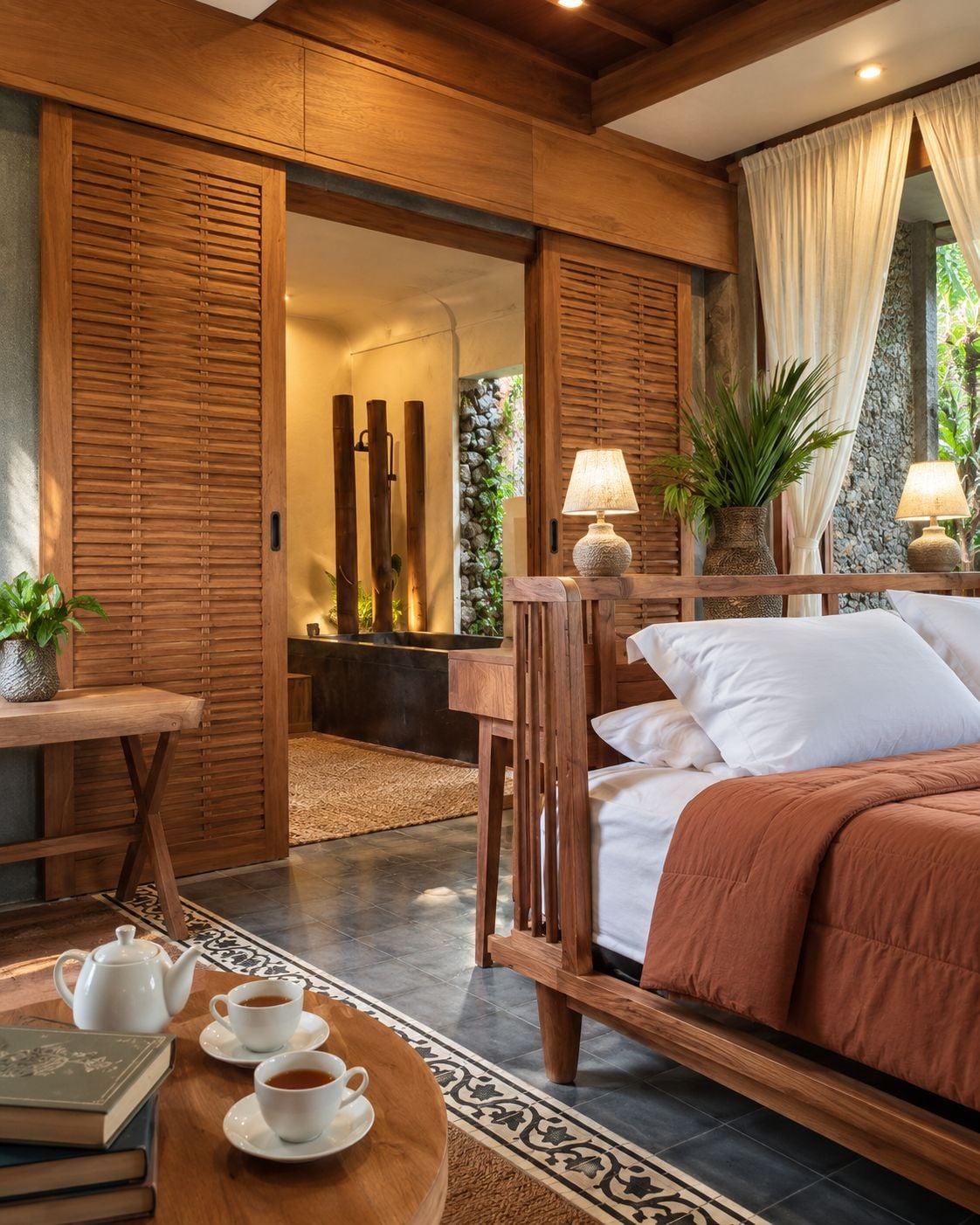 Un dormitorio con cama, lámparas de noche, una mesa con tazas y tetera, y vistas a un jardín.