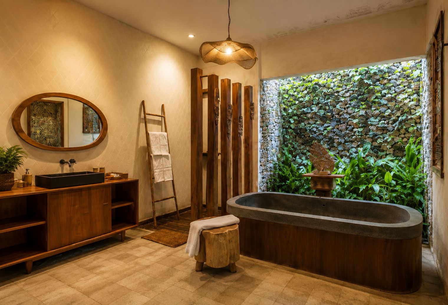 A modern bathroom with a freestanding bathtub, wooden vanity, and a large mirror.