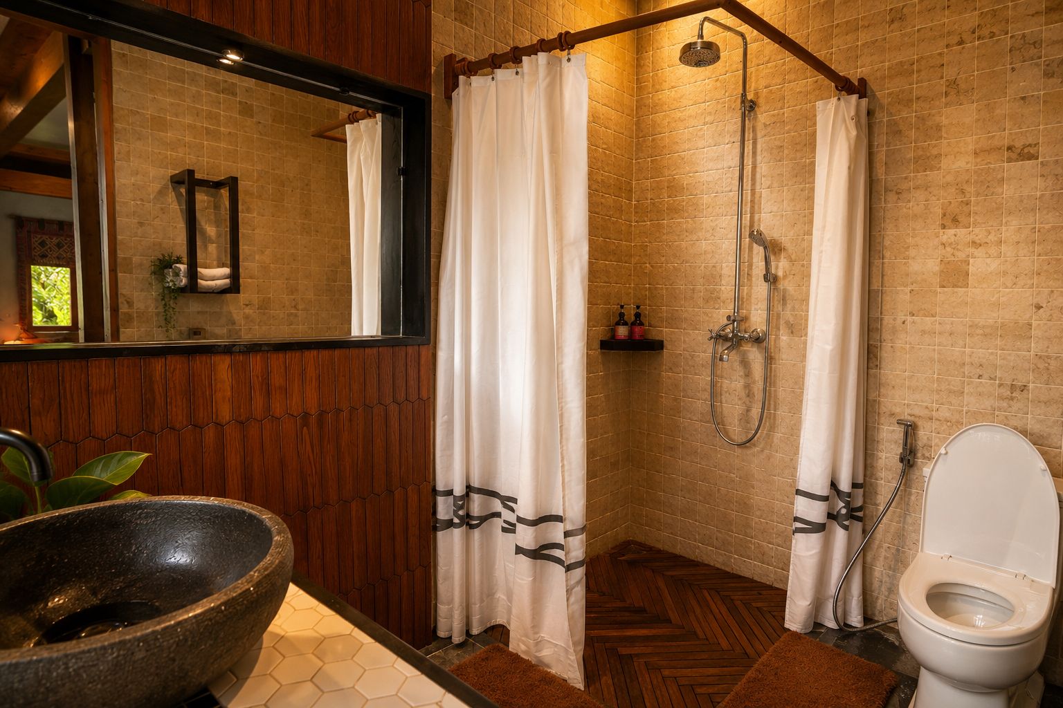 A bathroom with a stone sink, wooden paneling, a shower with a curtain, and a toilet.