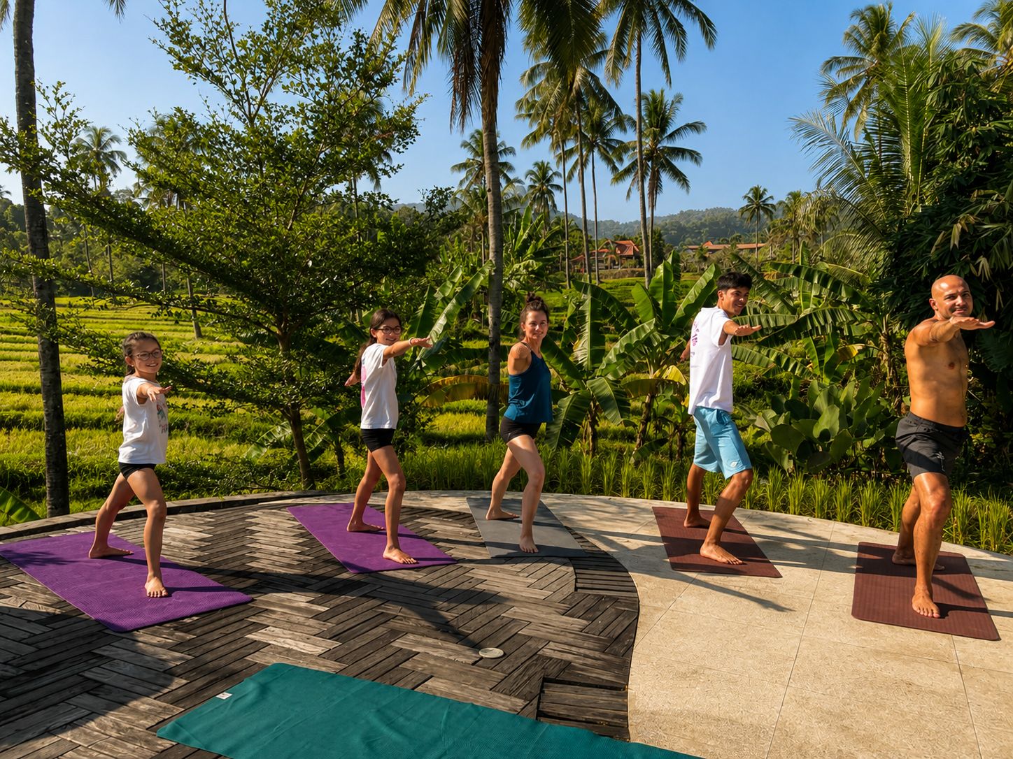 Un grupo de personas practicando yoga al aire libre sobre una terraza de madera, con abundante follaje y palmeras de fondo.