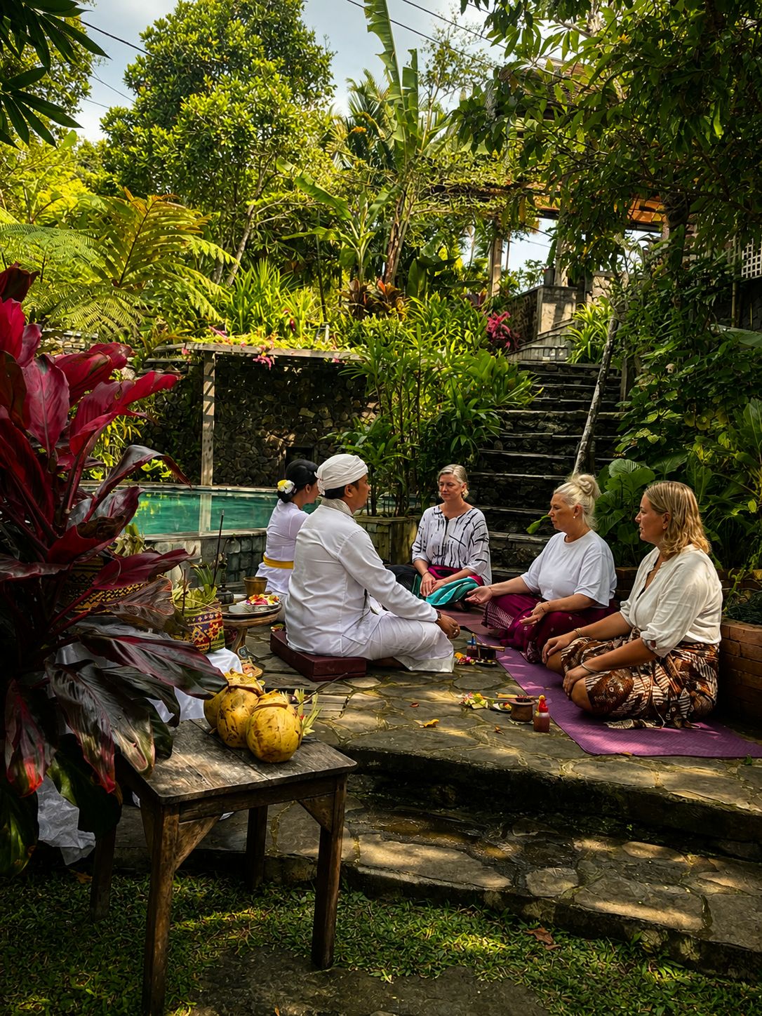 Un grupo de personas sentadas en un banco de piedra al aire libre, rodeadas de abundante vegetación y una escalera de piedra.