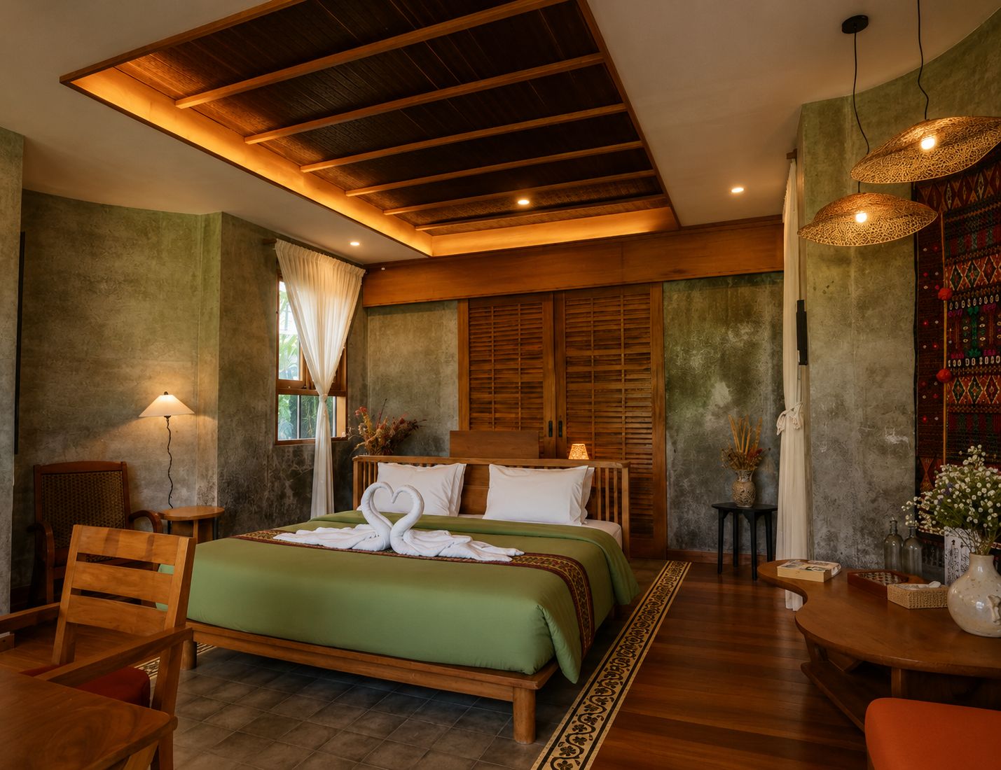 Ein Hotelzimmer mit einem Bett, Holzmöbeln, einem Tisch und einer Wanddekoration.