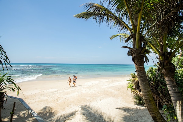 On the beach, sun-loungers, beach umbrellas, beach towels