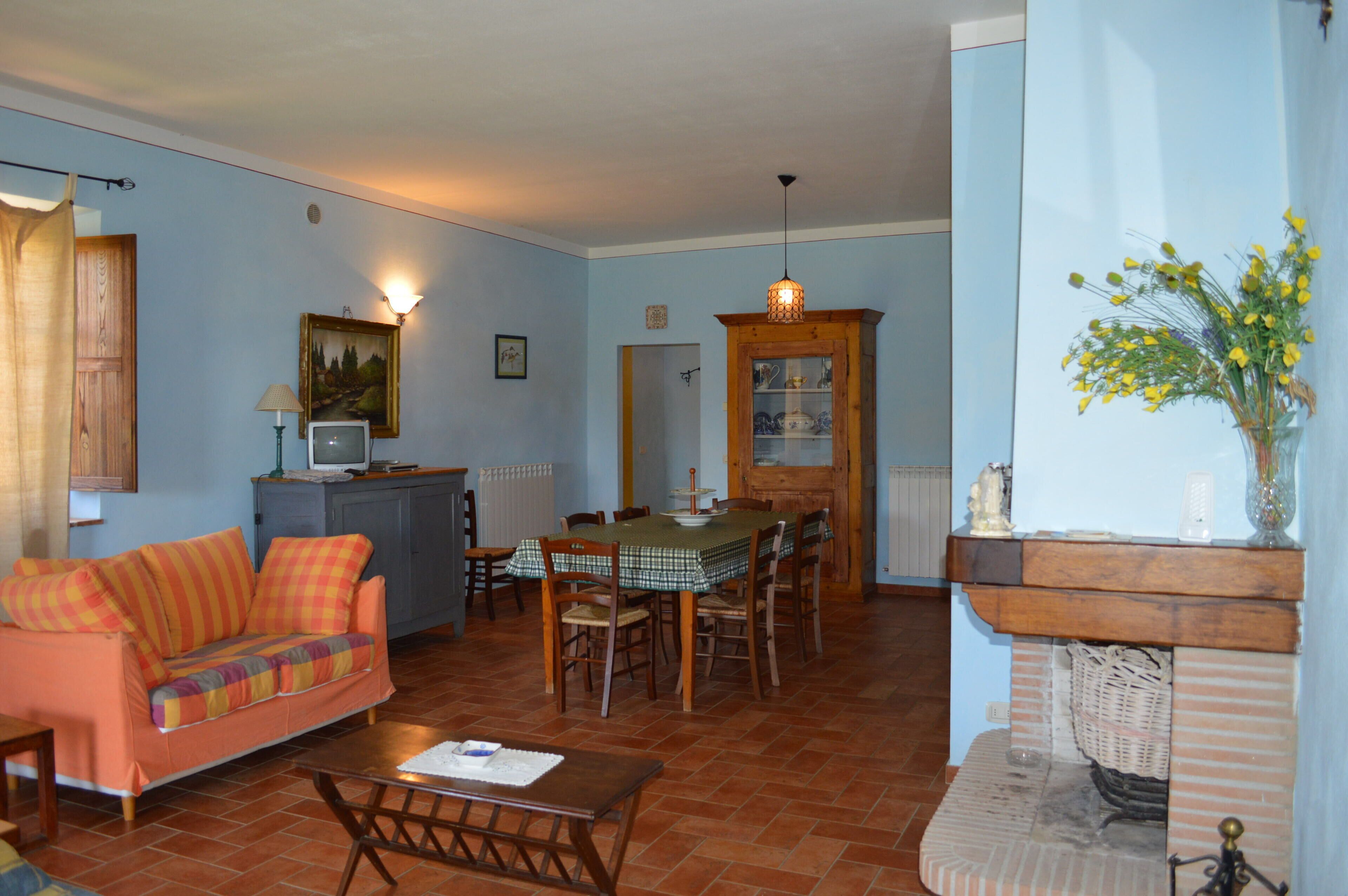 A living room with a sofa, dining table, chairs, a television, and a fireplace.