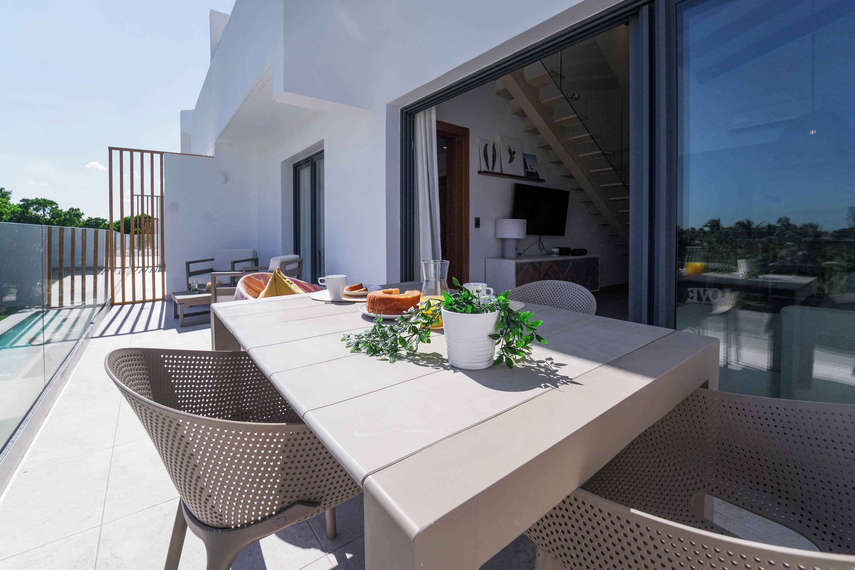 A modern outdoor dining area with a table, chairs, and a potted plant.