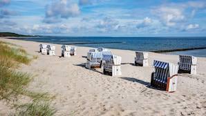 A beach with rows of numbered beach chairs and a wooden walkway. - Moderne Ferienwohnung mit Gartenblick in Koserow (Koserow)