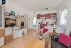 TV, fireplace, books, stereo