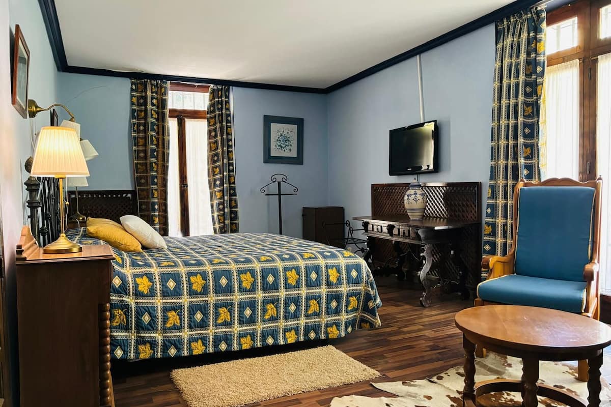 Ein Hotelzimmer mit einem Bett, einem Schreibtisch, einem Sessel, einem Fernseher und einem Teppich.