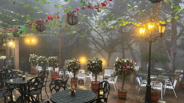 An outdoor patio with round tables and chairs, surrounded by potted plants and hanging lanterns. - Hotel El Refugio de Juanar (Ojén)