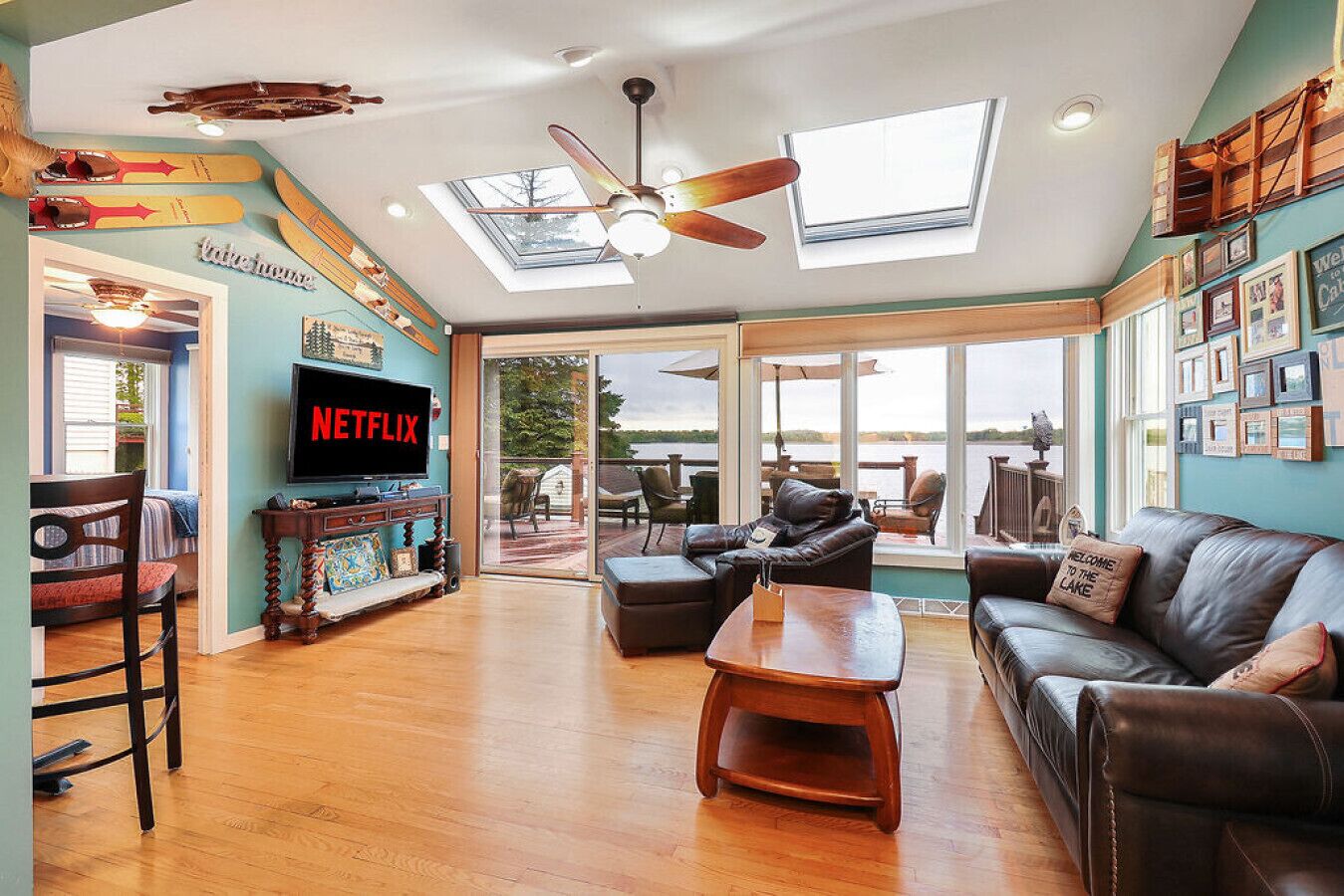 Smart TV, DVD player, foosball, books